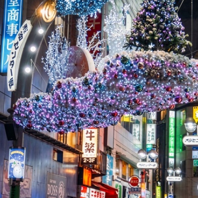 Decoración navideña con flores y luces en una calle comercial de Japón Navidad en Japón