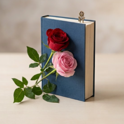Libro de tapas azules apoyado en vertical sobre una mesa, decorado con una rosa roja y una rosa rosada cruzadas en su portada y un marcapáginas metálico en la parte superior. Libro azul con rosas para Sant Jordi
