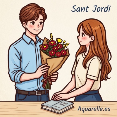 Ilustración de estilo anime de una pareja celebrando Sant Jordi: un hombre entrega un ramo de flores rojas a una mujer junto a un libro sobre una mesa. Ramos de flores para celebrar Sant Jordi