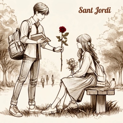 Joven regalando rosa y libro a una chica